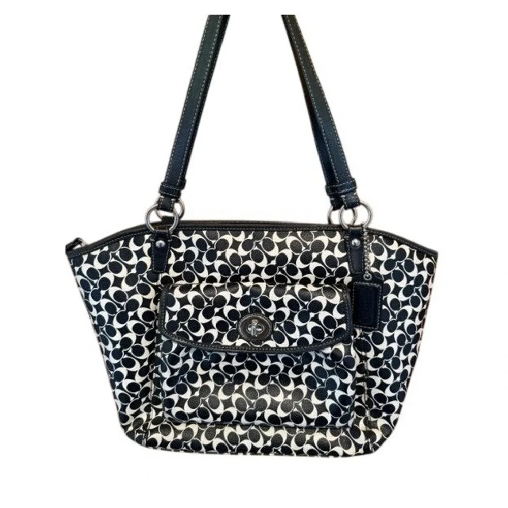 Coach Signature C Y2K Chelsea Leah Monogram Black White Canvas Leather Trim Tote